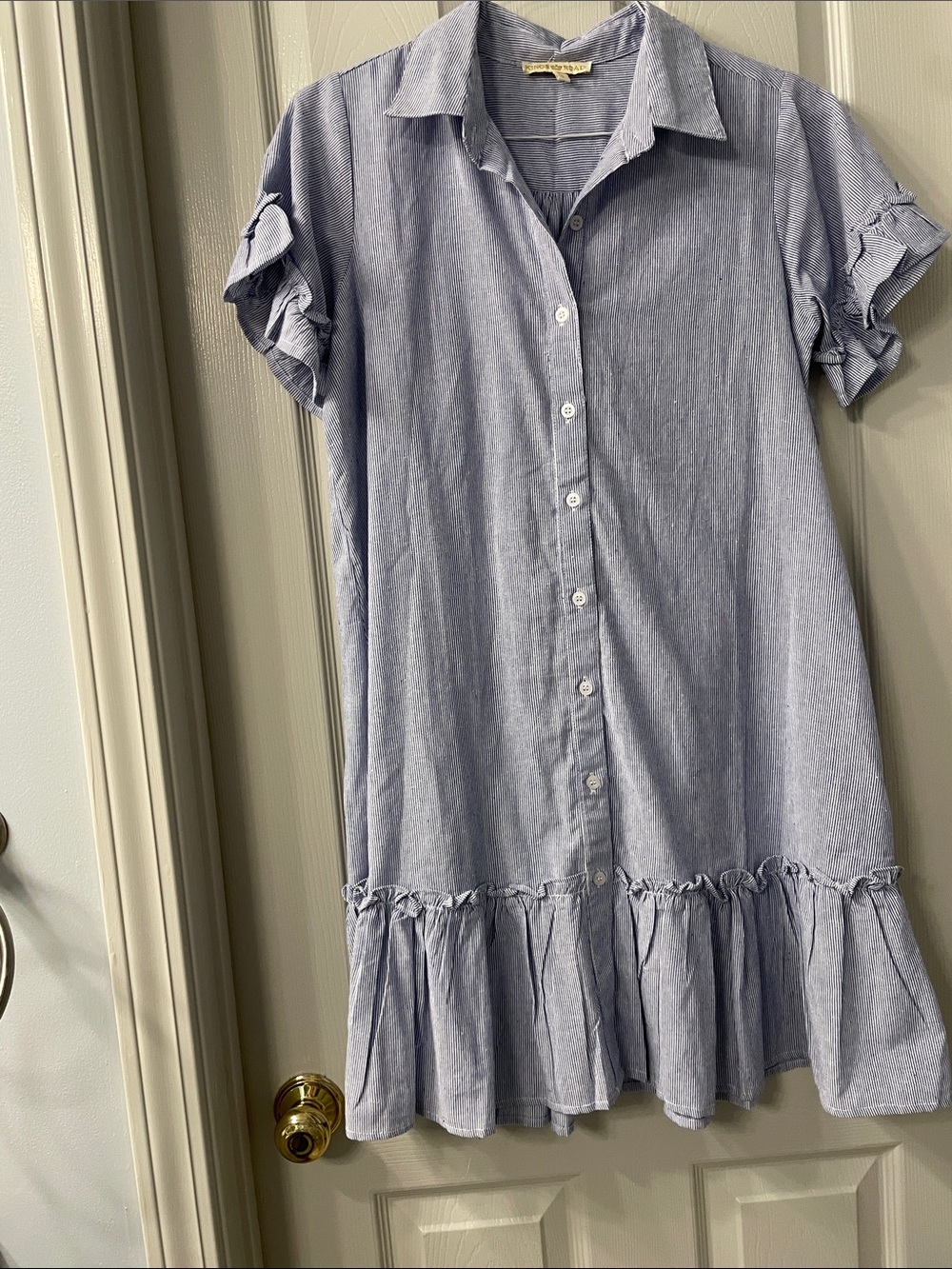 Women’s Light Blue striped Button-Front Ruffle Hem Dress